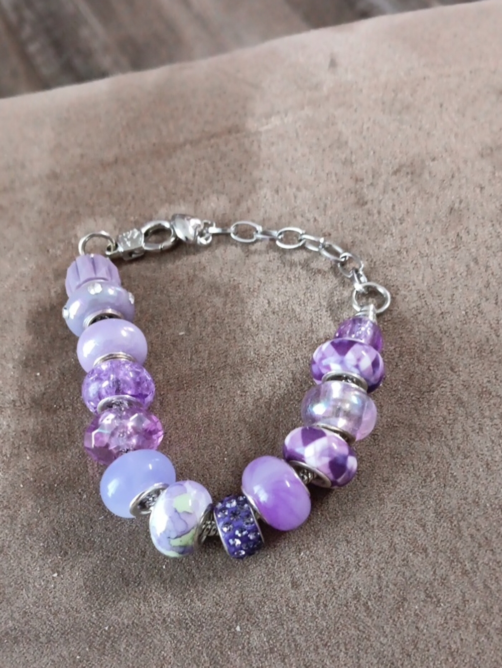Purple Glass Bead Charm Bracelet with Silver-Tone Accents